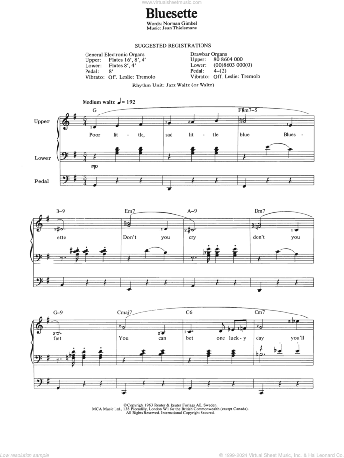 Bluesette sheet music for organ by Toots Thielemans, Jean Thielemans and Norman Gimbel, intermediate skill level