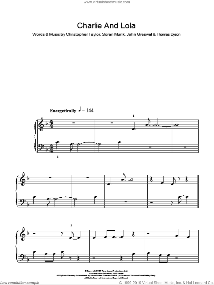 Charlie And Lola (Theme) sheet music for piano solo by Christopher Taylor, John Greswell, Soren Munk and Thomas Dyson, easy skill level