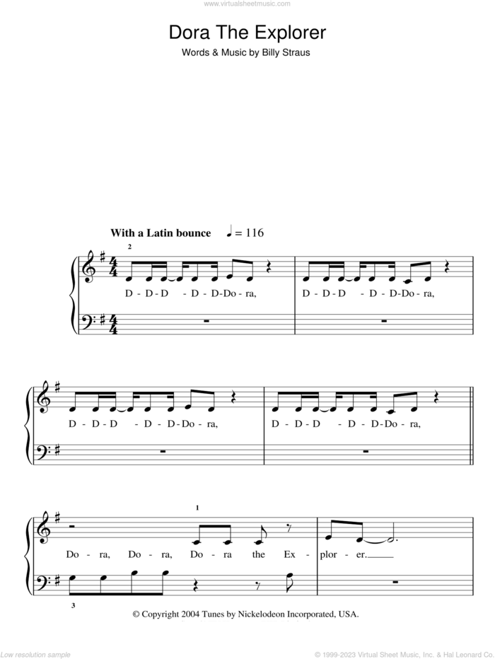 Dora The Explorer Theme sheet music for piano solo by Billy Straus, easy skill level