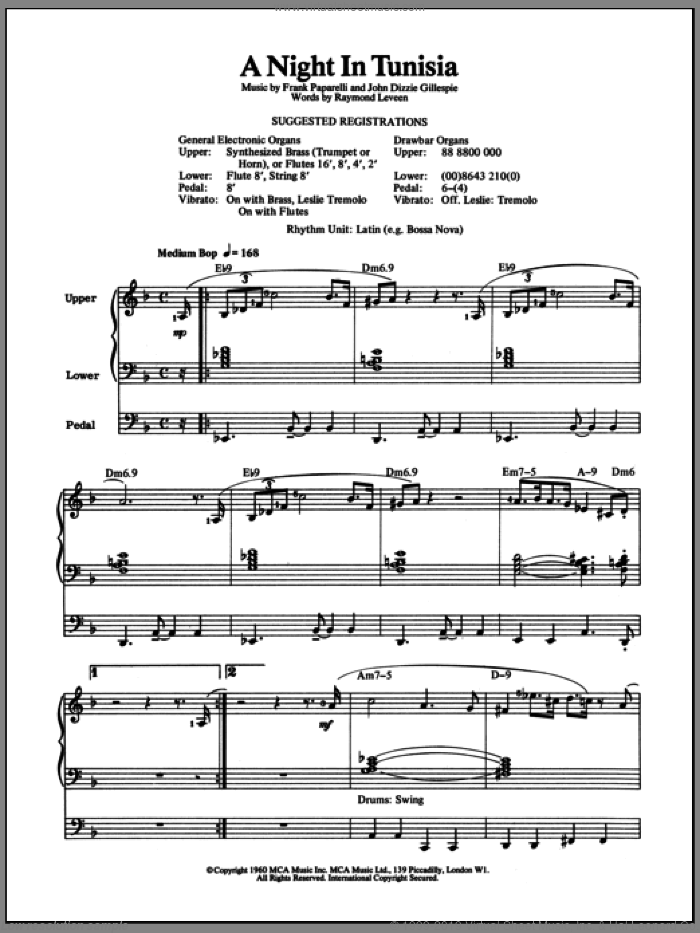 A Night In Tunisia sheet music for organ by Dizzy Gillespie, Frank Paparelli and Raymond Leveen, intermediate skill level