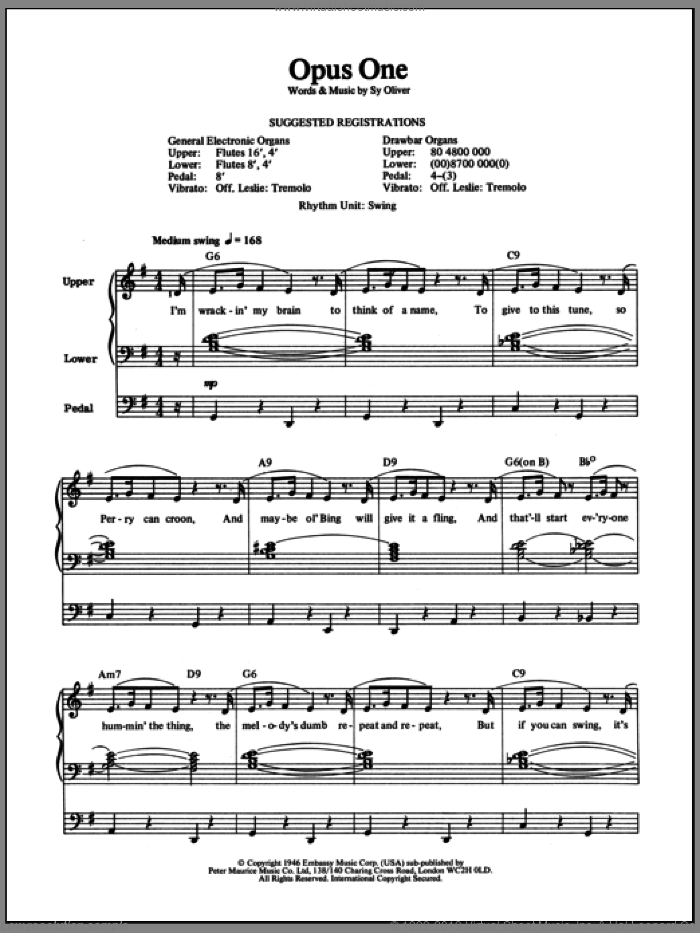 Opus One sheet music for organ by Sy Oliver, intermediate skill level