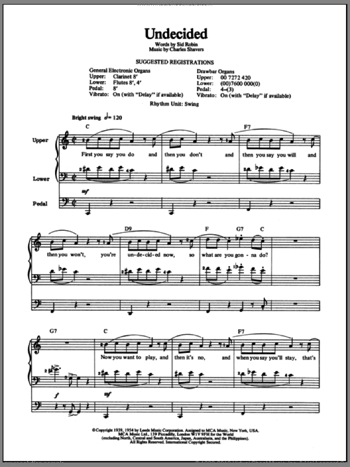 Undecided sheet music for organ by Ella Fitzgerald, Ella  Fitzgerald, Charles Shavers and Sid Robin, intermediate skill level