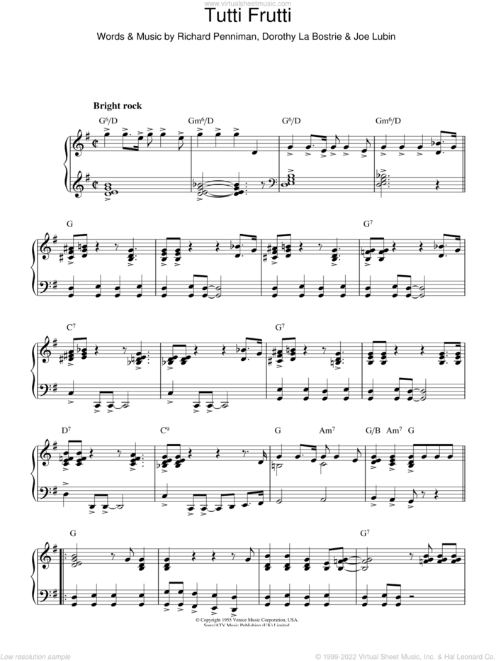 Tutti Frutti sheet music for piano solo by Little Richard, Dorothy La Bostrie, Joe Lubin and Richard Penniman, intermediate skill level