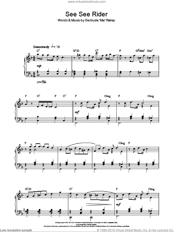 See See Rider sheet music for piano solo by Ma Rainey, intermediate skill level