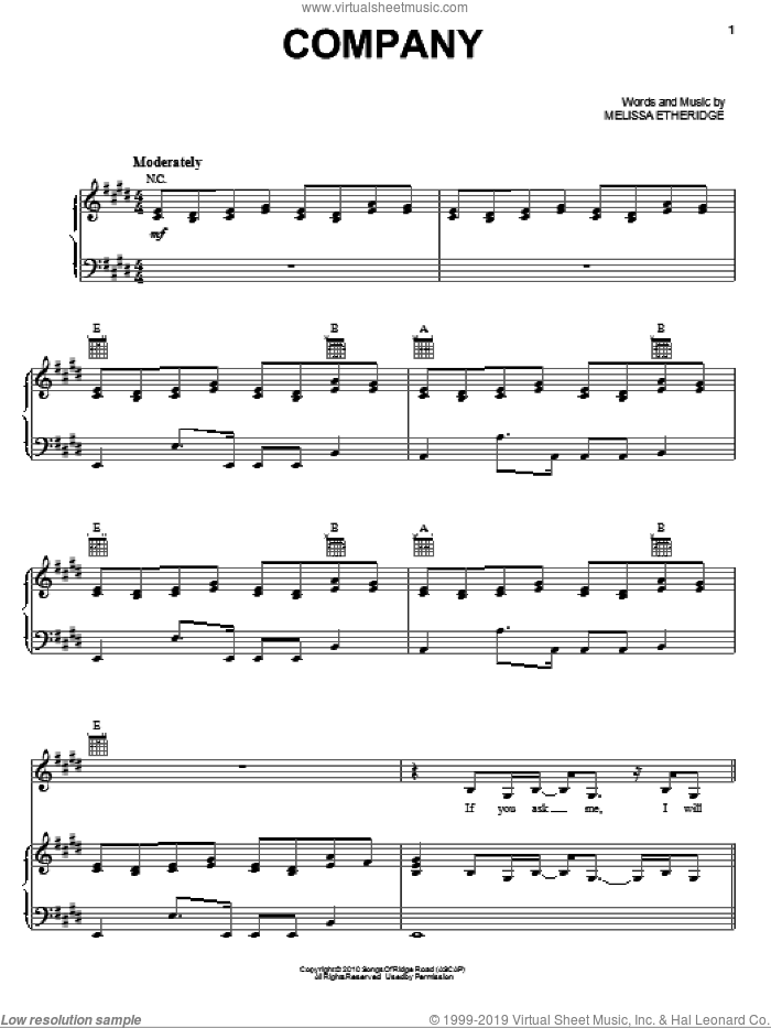 Company sheet music for voice, piano or guitar by Melissa Etheridge, intermediate skill level