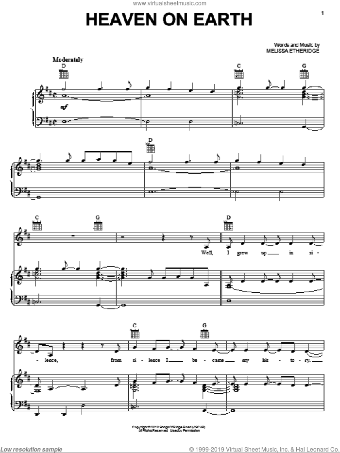 Heaven On Earth sheet music for voice, piano or guitar by Melissa Etheridge, intermediate skill level