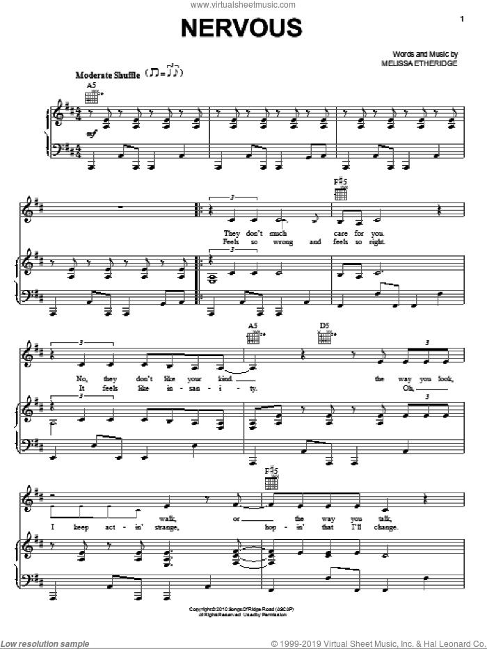 Nervous sheet music for voice, piano or guitar by Melissa Etheridge, intermediate skill level