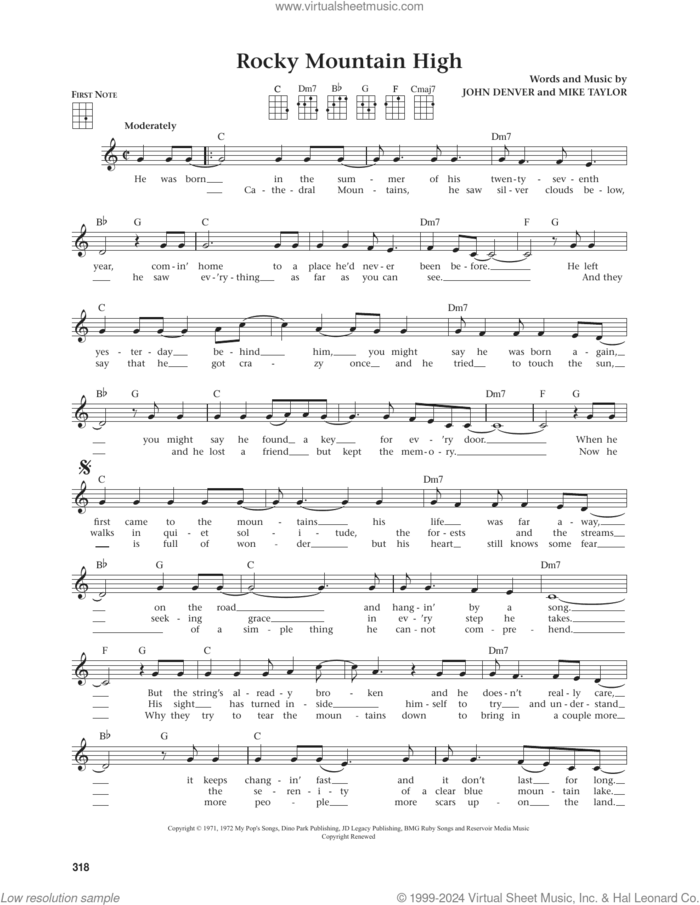 Rocky Mountain High (from The Daily Ukulele) (arr. Jim Beloff) sheet music for ukulele by John Denver, Jim Beloff and Mike Taylor, intermediate skill level