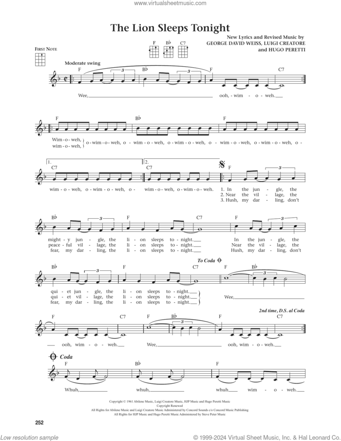 The Lion Sleeps Tonight (from The Daily Ukulele) (arr. Jim Beloff) sheet music for ukulele by Tokens, Jim Beloff, George David Weiss, Hugo Peretti and Luigi Creatore, intermediate skill level