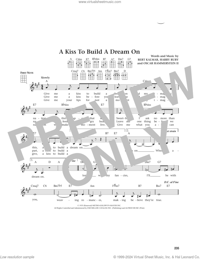 A Kiss To Build A Dream On (from The Daily Ukulele) (arr. Jim Beloff) sheet music for ukulele by Louis Armstrong, Jim Beloff, Bert Kalmar, Harry Ruby and Oscar II Hammerstein, intermediate skill level