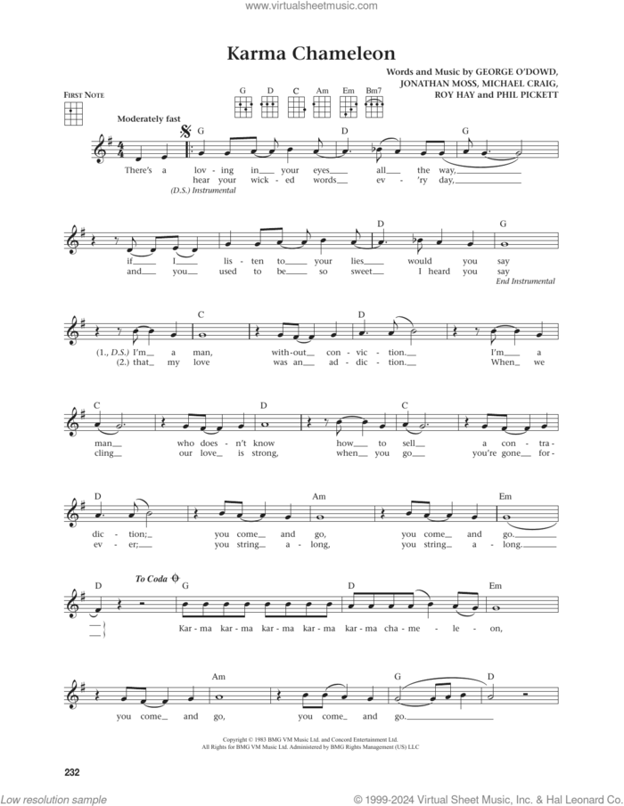 Karma Chameleon (from The Daily Ukulele) (arr. Jim Beloff) sheet music for ukulele by Culture Club, Jim Beloff, Jonathan Moss, Michael Craig, Phil Pickett and Roy Hay, intermediate skill level