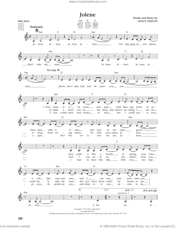 Jolene (from The Daily Ukulele) (arr. Jim Beloff) sheet music for ukulele by Dolly Parton and Jim Beloff, intermediate skill level