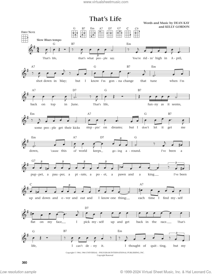 That's Life (from The Daily Ukulele) (arr. Jim Beloff) sheet music for ukulele by Frank Sinatra, Jim Beloff, Dean Kay and Kelly Gordon, intermediate skill level