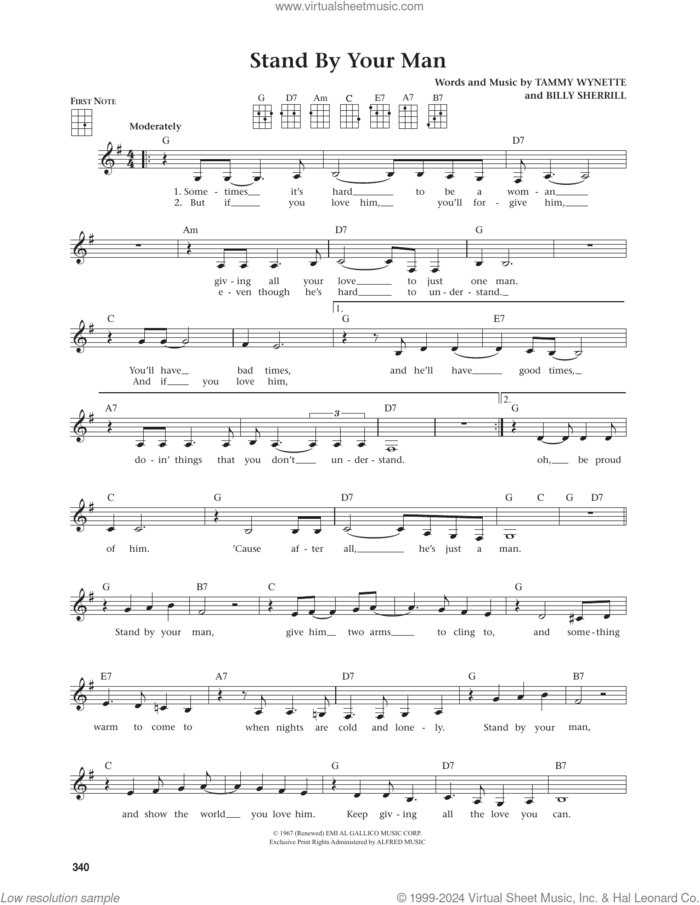 Stand By Your Man (from The Daily Ukulele) (arr. Jim Beloff) sheet music for ukulele by Tammy Wynette, Jim Beloff and Billy Sherrill, intermediate skill level