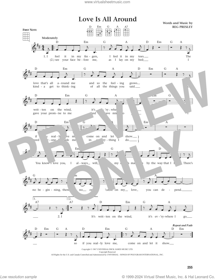 Love Is All Around (from The Daily Ukulele) (arr. Jim Beloff) sheet music for ukulele by The Troggs, Jim Beloff, Wet Wet Wet and Reg Presley, intermediate skill level