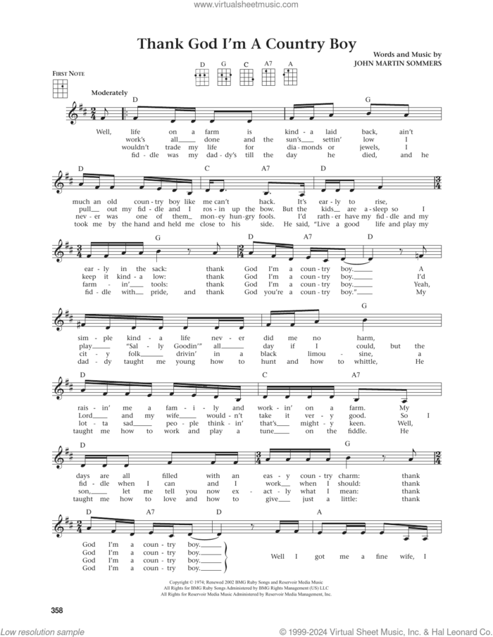 Thank God I'm A Country Boy (from The Daily Ukulele) (arr. Jim Beloff) sheet music for ukulele by John Denver, Jim Beloff and John Martin Sommers, intermediate skill level