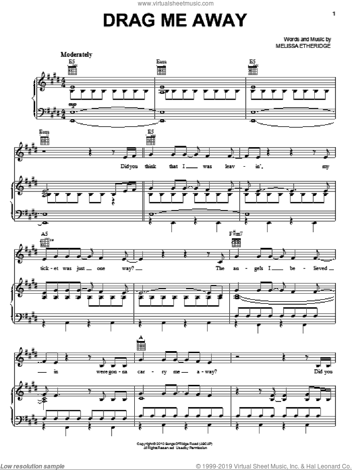 Drag Me Away sheet music for voice, piano or guitar by Melissa Etheridge, intermediate skill level