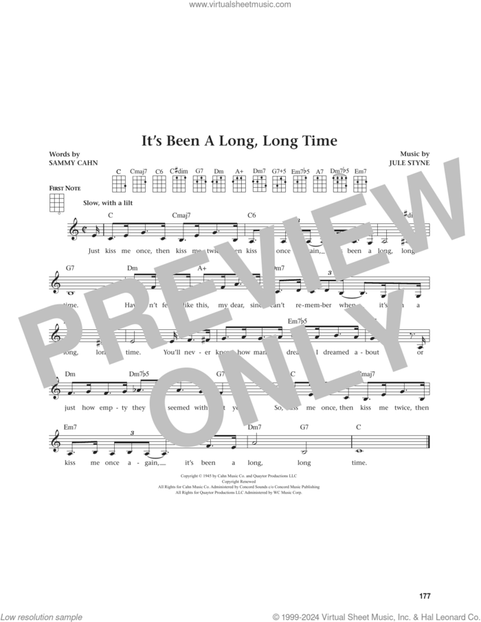 It's Been A Long, Long Time (from The Daily Ukulele) (arr. Jim Beloff) sheet music for ukulele by Jule Styne, Jim Beloff and Sammy Cahn, intermediate skill level