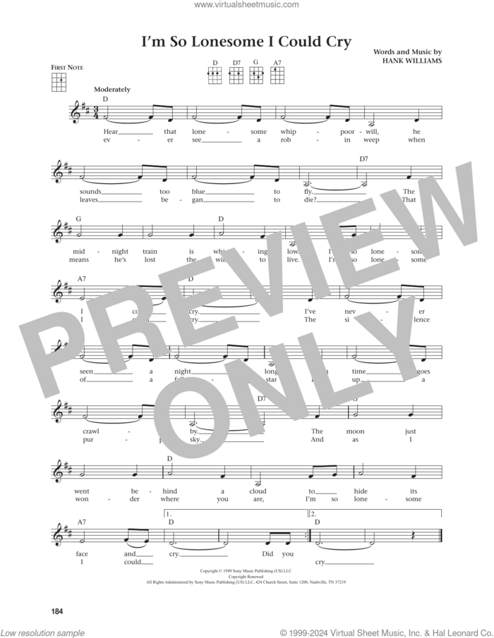 I'm So Lonesome I Could Cry (from The Daily Ukulele) (arr. Jim Beloff) sheet music for ukulele by Hank Williams, Sr., Jim Beloff and Hank Williams, intermediate skill level