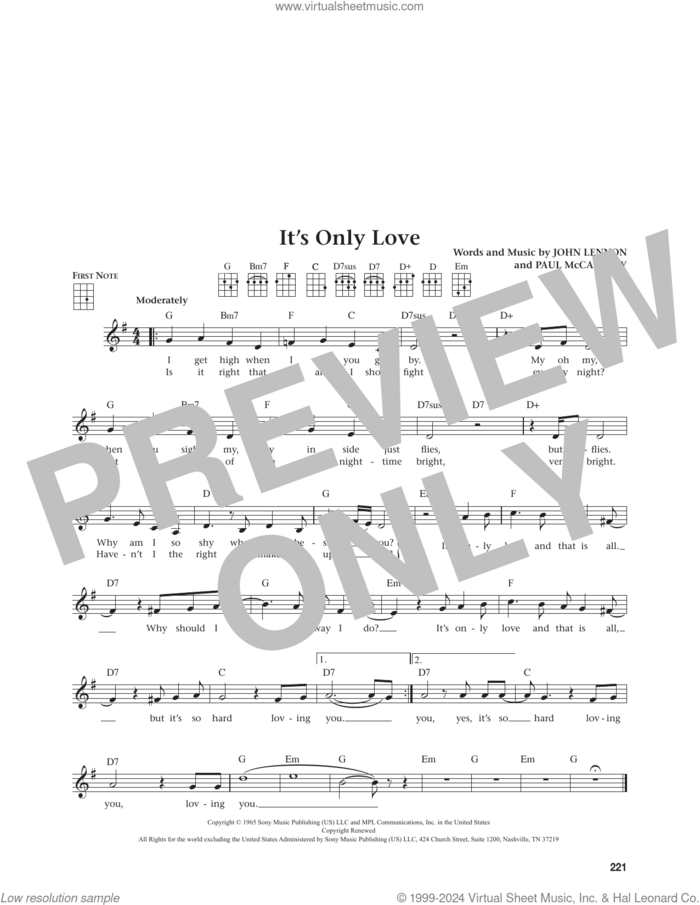 It's Only Love (from The Daily Ukulele) (arr. Jim Beloff) sheet music for ukulele by The Beatles, Jim Beloff, John Lennon and Paul McCartney, intermediate skill level