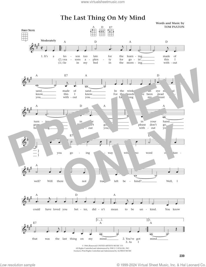 The Last Thing On My Mind (from The Daily Ukulele) (arr. Jim Beloff) sheet music for ukulele by Tom Paxton and Jim Beloff, intermediate skill level