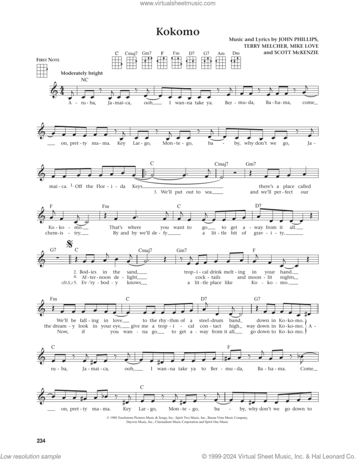 Kokomo (from The Daily Ukulele) (arr. Jim Beloff) sheet music for ukulele by The Beach Boys, Jim Beloff, John Phillips, Mike Love, Scott McKenzie and Terry Melcher, intermediate skill level