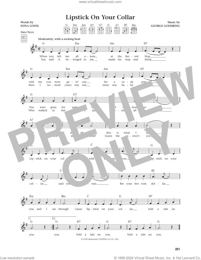 Lipstick On Your Collar (from The Daily Ukulele) (arr. Jim Beloff) sheet music for ukulele by Connie Francis, Jim Beloff, Edna Lewis and George Goehring, intermediate skill level