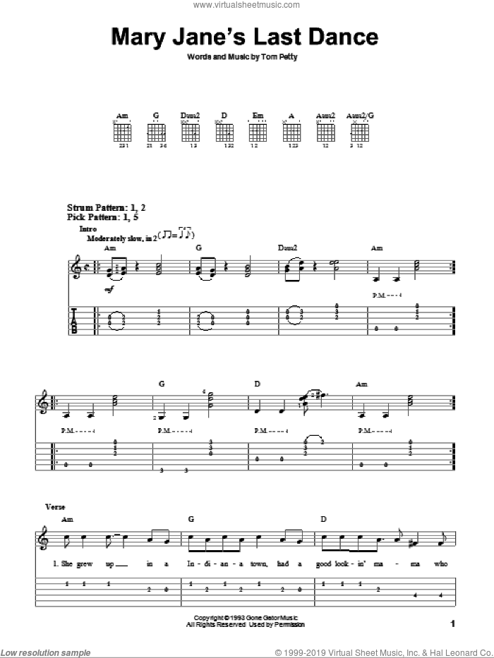 Mary Jane's Last Dance sheet music for guitar solo (easy tablature) by Tom Petty And The Heartbreakers and Tom Petty, easy guitar (easy tablature)