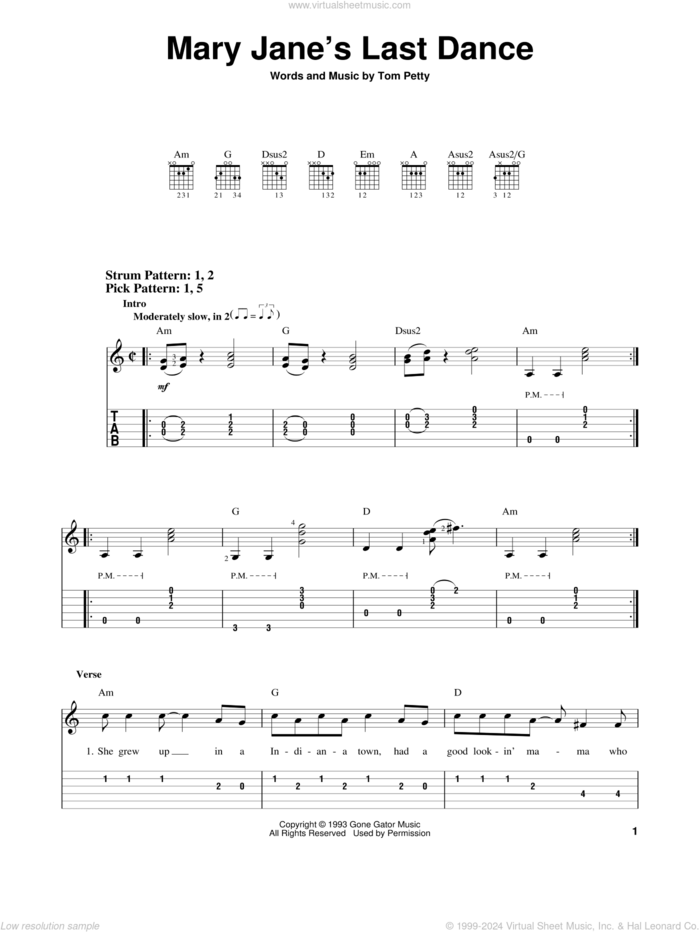 Mary Jane's Last Dance sheet music for guitar solo (easy tablature) by Tom Petty And The Heartbreakers and Tom Petty, easy guitar (easy tablature)