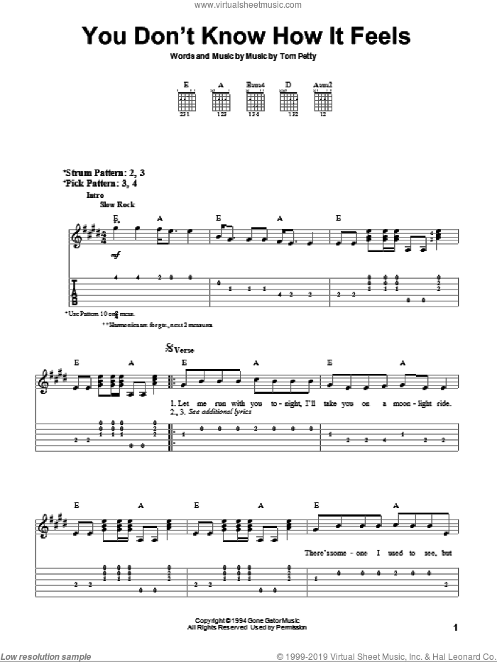 You Don't Know How It Feels sheet music for guitar solo (easy tablature) by Tom Petty, easy guitar (easy tablature)
