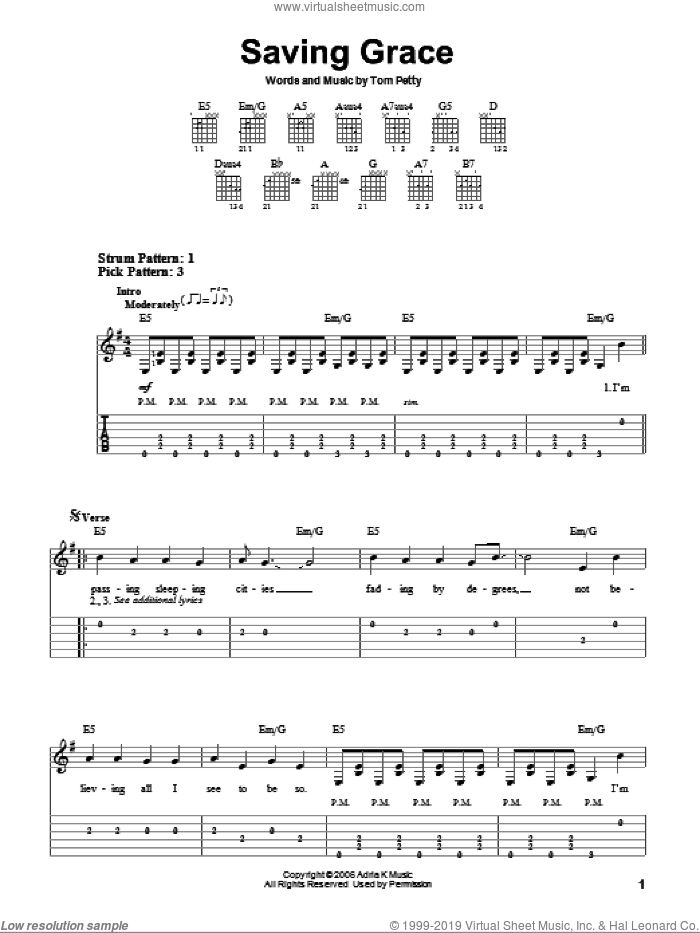 Saving Grace sheet music for guitar solo (easy tablature) by Tom Petty, easy guitar (easy tablature)