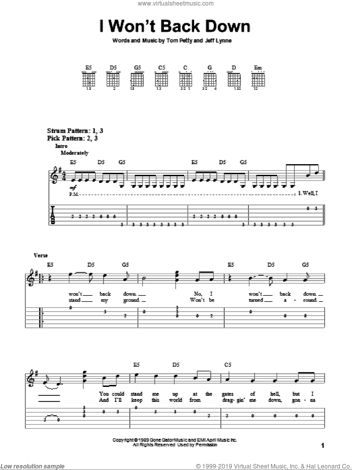 I Won't Back Down sheet music for guitar solo (easy tablature) by Tom Petty and Jeff Lynne, easy guitar (easy tablature)