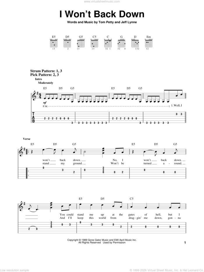 I Won't Back Down sheet music for guitar solo (easy tablature) by Tom Petty and Jeff Lynne, easy guitar (easy tablature)