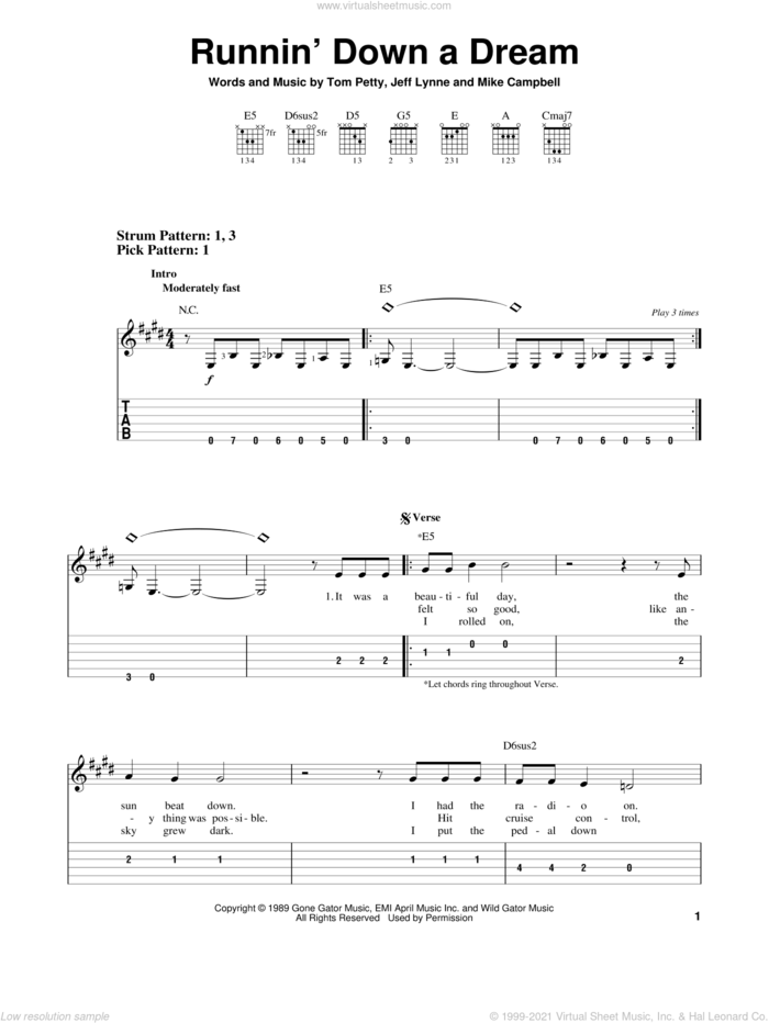 Runnin' Down A Dream sheet music for guitar solo (easy tablature) by Tom Petty, Jeff Lynne and Mike Campbell, easy guitar (easy tablature)