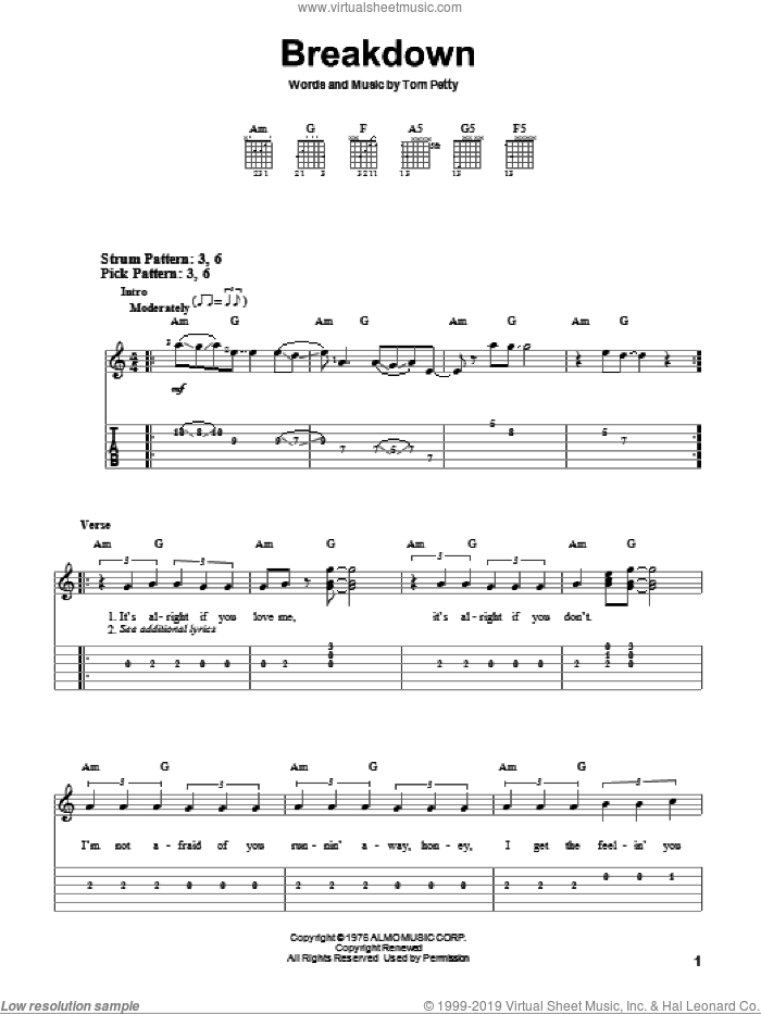 Breakdown sheet music for guitar solo (easy tablature) by Tom Petty And The Heartbreakers and Tom Petty, easy guitar (easy tablature)