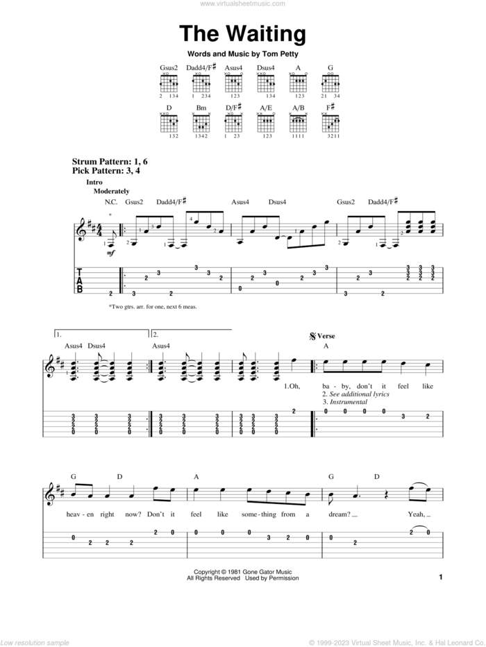 The Waiting sheet music for guitar solo (easy tablature) by Tom Petty And The Heartbreakers and Tom Petty, easy guitar (easy tablature)