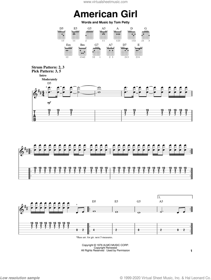 American Girl sheet music for guitar solo (easy tablature) by Tom Petty And The Heartbreakers and Tom Petty, easy guitar (easy tablature)