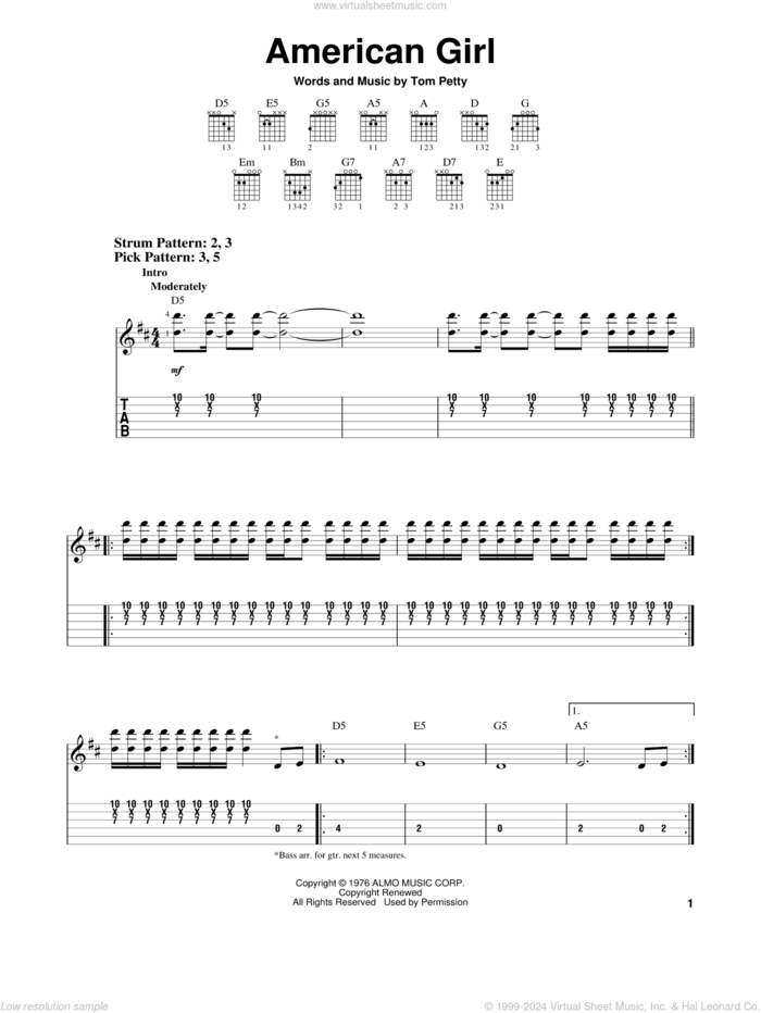 American Girl sheet music for guitar solo (easy tablature) by Tom Petty And The Heartbreakers and Tom Petty, easy guitar (easy tablature)