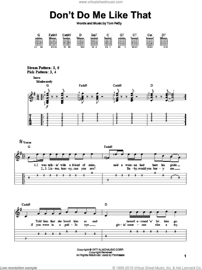 Don't Do Me Like That sheet music for guitar solo (easy tablature) by Tom Petty And The Heartbreakers and Tom Petty, easy guitar (easy tablature)