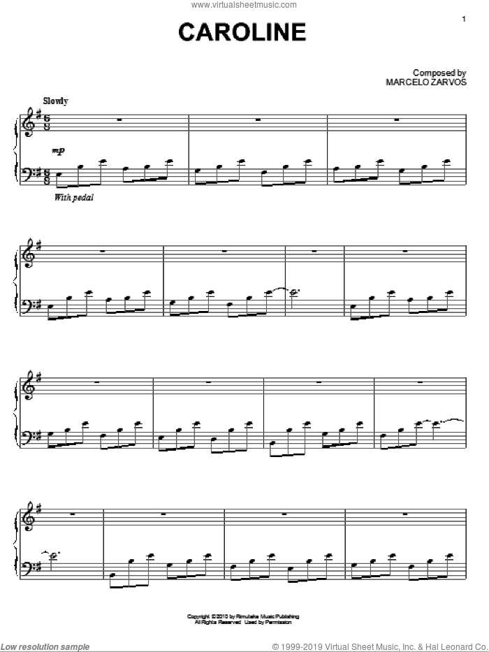 Caroline sheet music for piano solo by Marcelo Zarvos and Remember Me (Movie), intermediate skill level