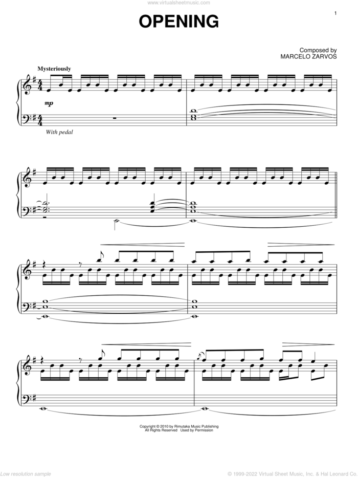 Opening sheet music for piano solo by Marcelo Zarvos and Remember Me (Movie), intermediate skill level