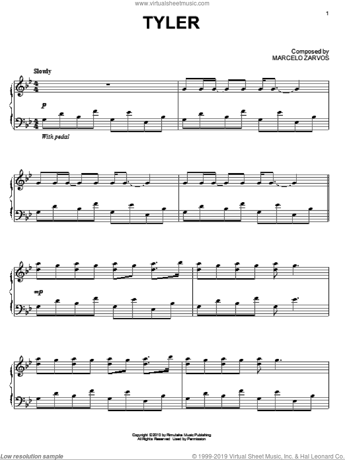 Tyler sheet music for piano solo by Marcelo Zarvos and Remember Me (Movie), intermediate skill level