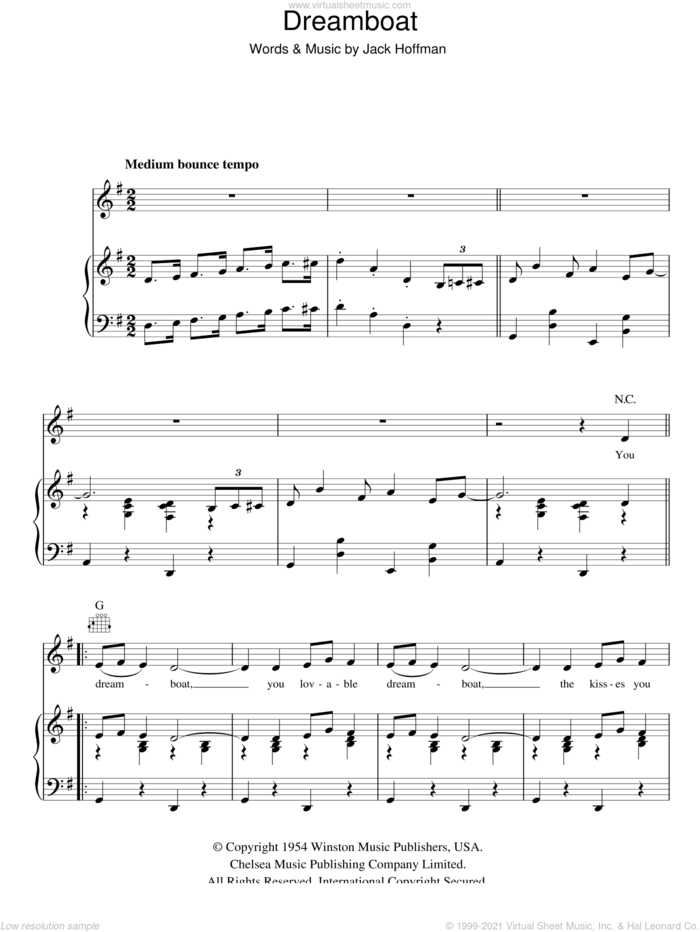 Dreamboat sheet music for voice, piano or guitar by Alma Cogan and Jack Hoffman, intermediate skill level