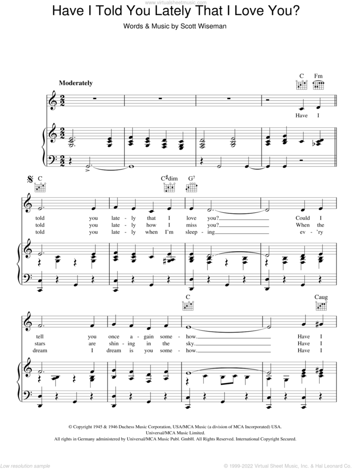 Have I Told You Lately That I Love You? sheet music for voice, piano or guitar by Bing Crosby and Scott Wiseman, intermediate skill level