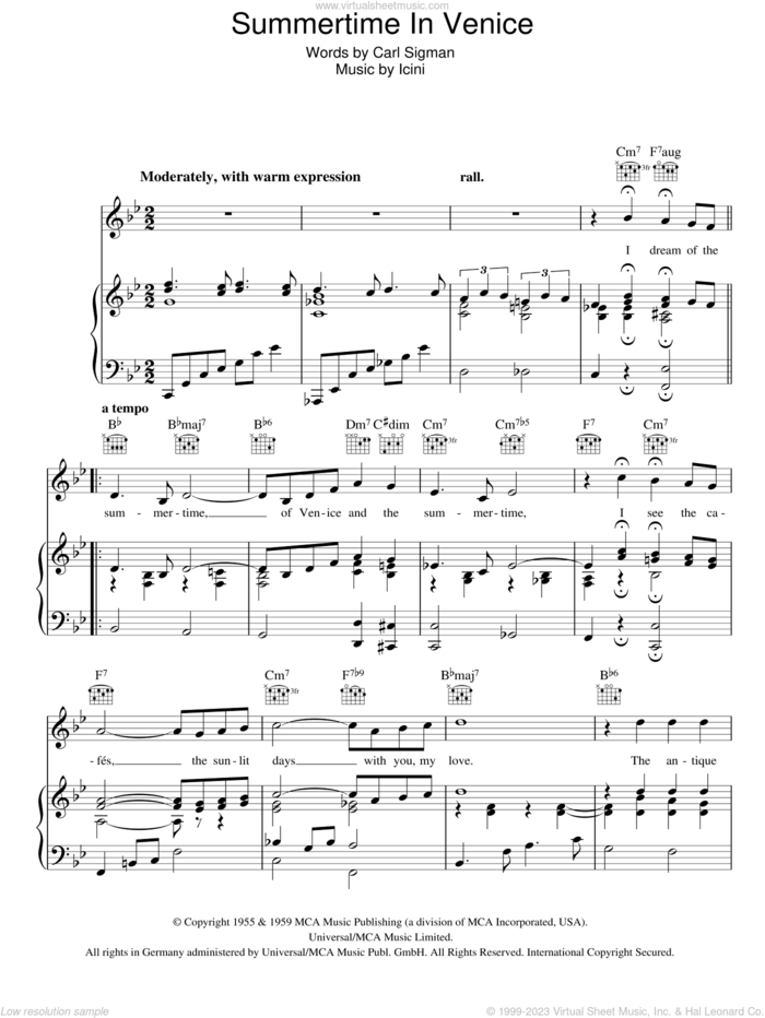 Summertime In Venice sheet music for voice, piano or guitar by Connie Francis, Carl Sigman and Icini, intermediate skill level