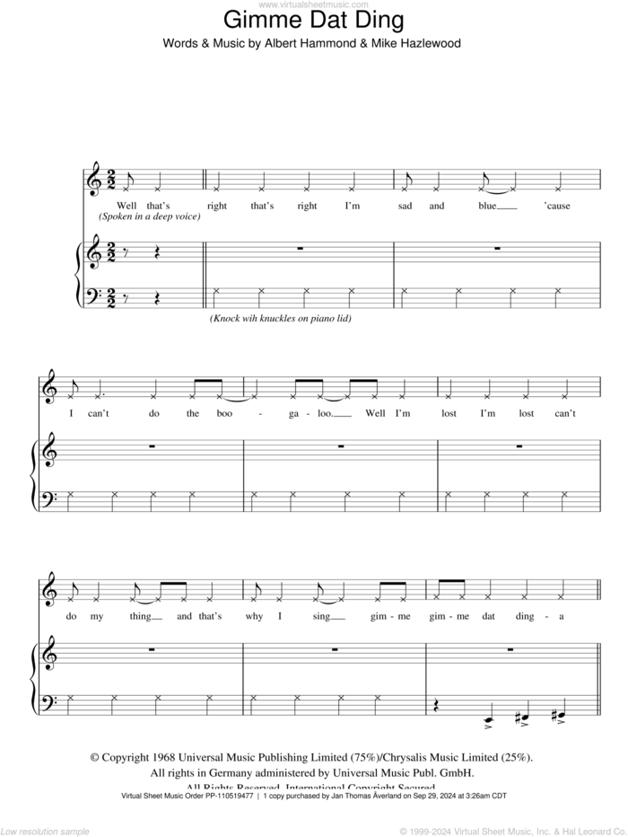 Gimme Dat Ding sheet music for voice, piano or guitar by The Pipkins, Albert Hammond and Michael Hazlewood, intermediate skill level