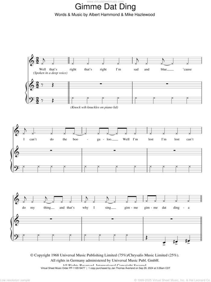 Gimme Dat Ding sheet music for voice, piano or guitar by The Pipkins, Albert Hammond and Michael Hazlewood, intermediate skill level