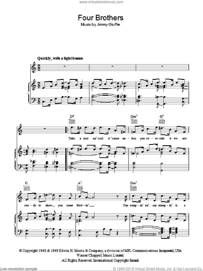 Four Brothers sheet music for voice, piano or guitar by Sarah Vaughan and Jimmy Giuffre, intermediate skill level