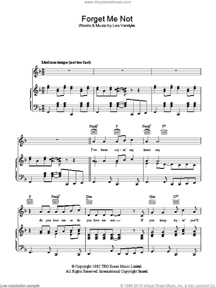 Forget Me Not sheet music for voice, piano or guitar by Eden Kane and Les Vandyke, intermediate skill level