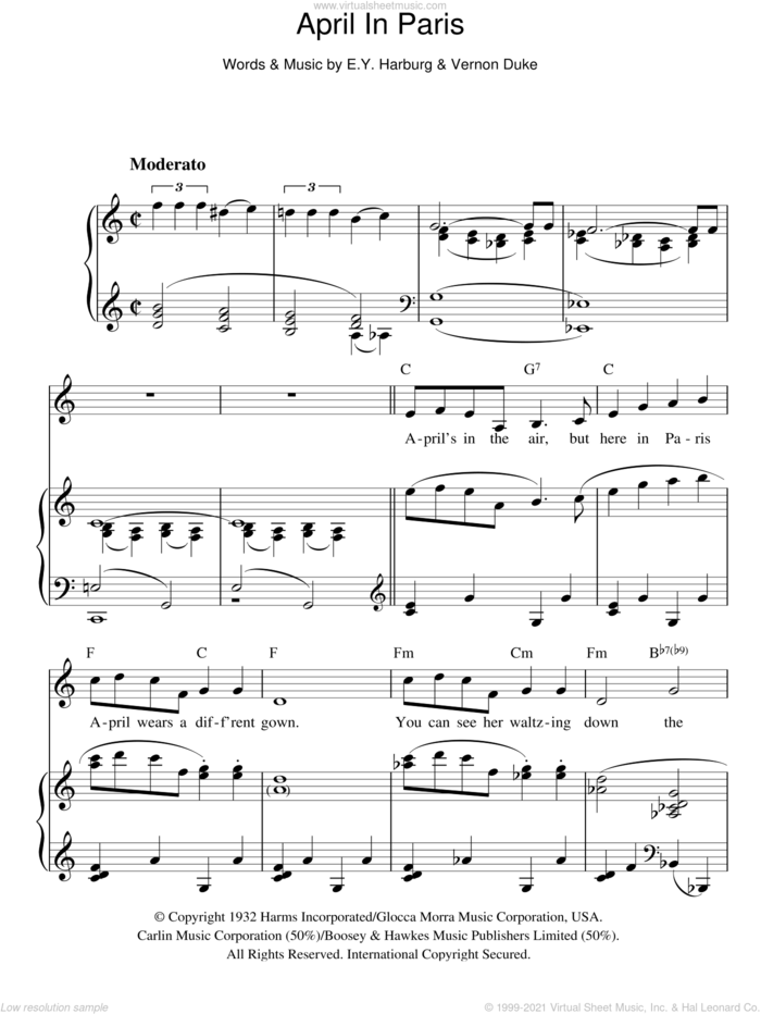April In Paris sheet music for voice, piano or guitar by Dean Martin, E.Y. Harburg and Vernon Duke, intermediate skill level